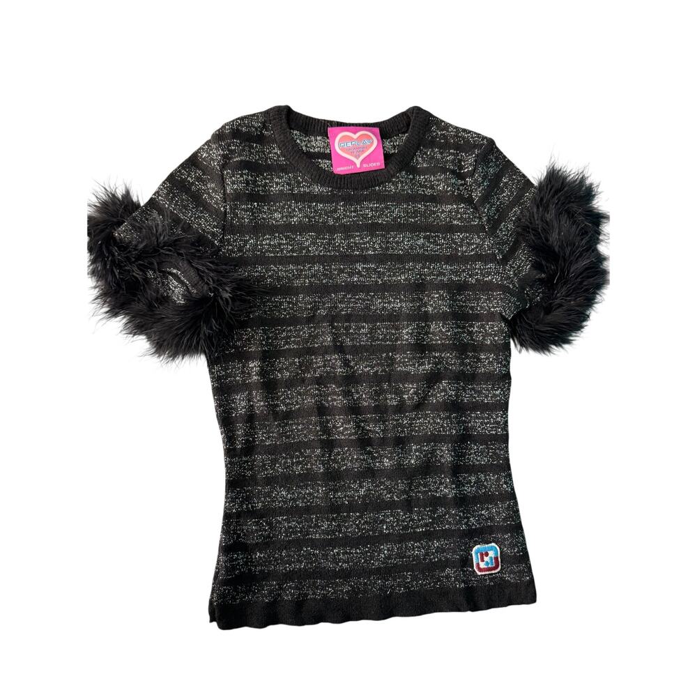 Replay Skating Team Metallic Knit Feather Trim Short Sleeve Top XS